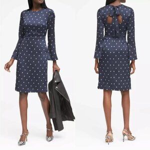 Banana Republic Navy Pearl Graphic Midi Sheath Dress Back Tie Neck Womens Size 8